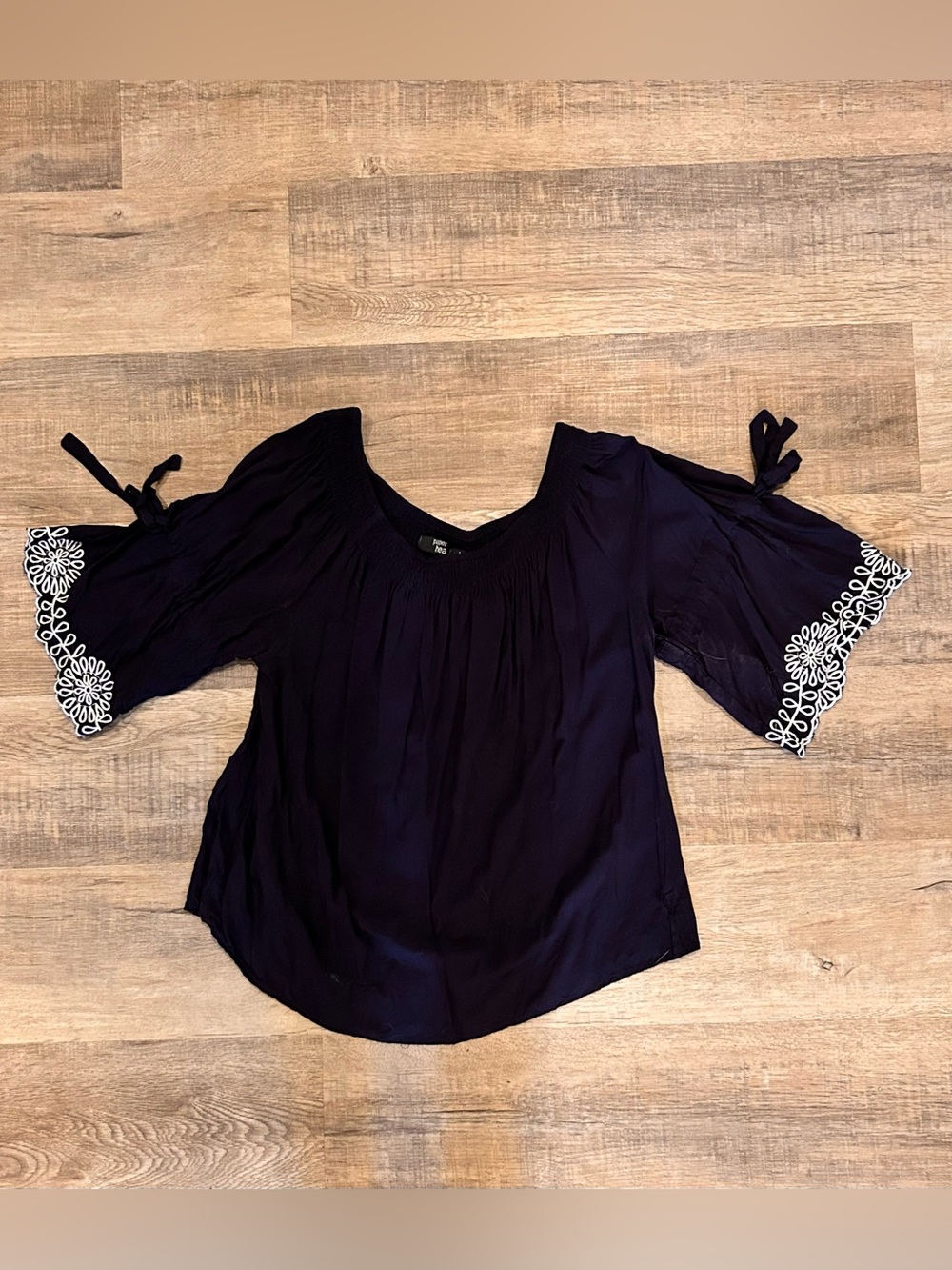 Women's Navy Blouse with Embroidered Sleeve Trim